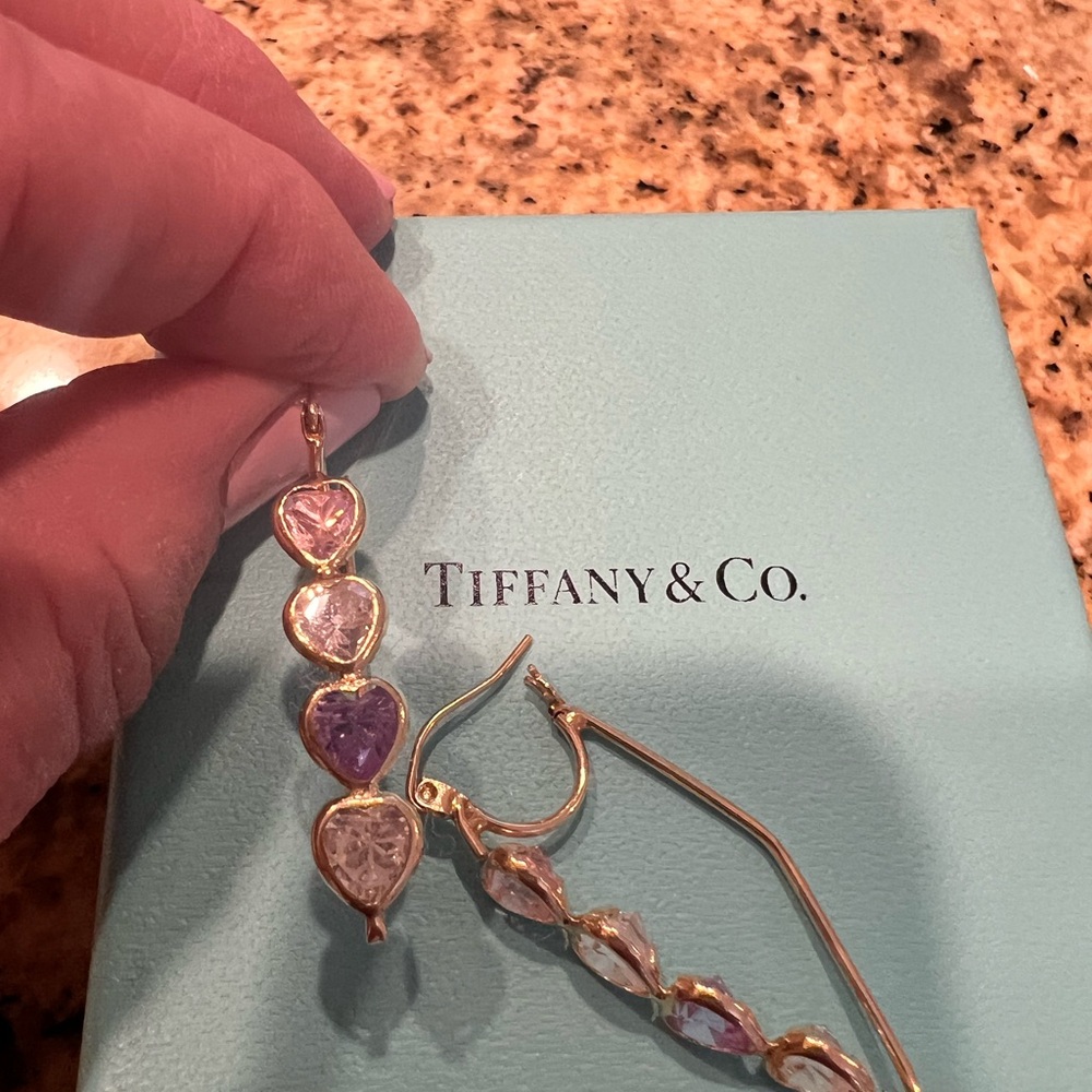 Tiffany & Co. Gold Heart Drop Earrings with Pink and Purple Stones